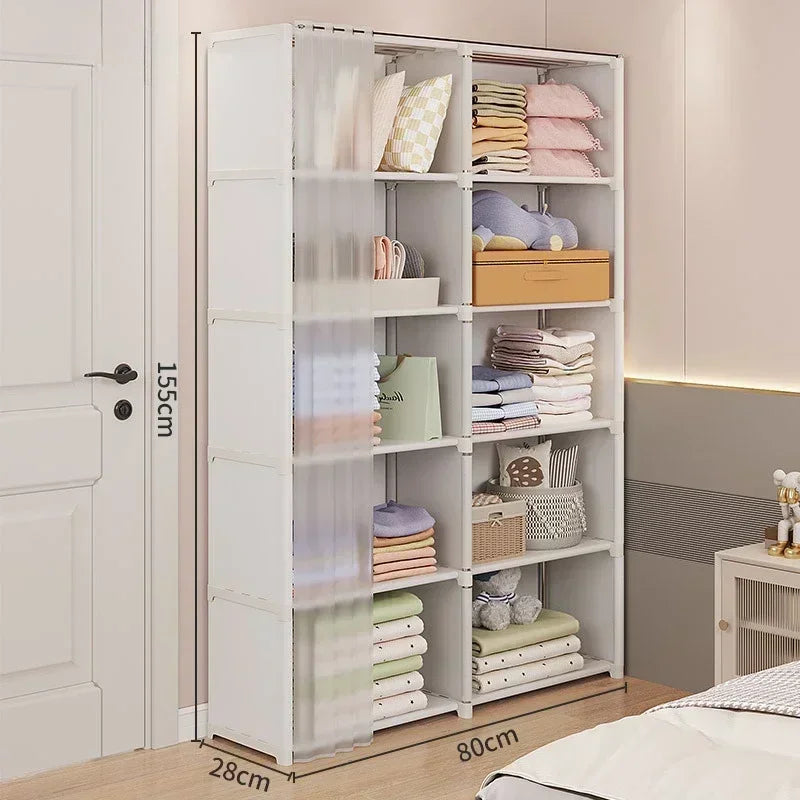 Dustproof Wardrobe Multi-Layer Storage Rack Bedroom Fcloset Organizer with Curtains Simple Bookshelf Large Capacity Wardrobes