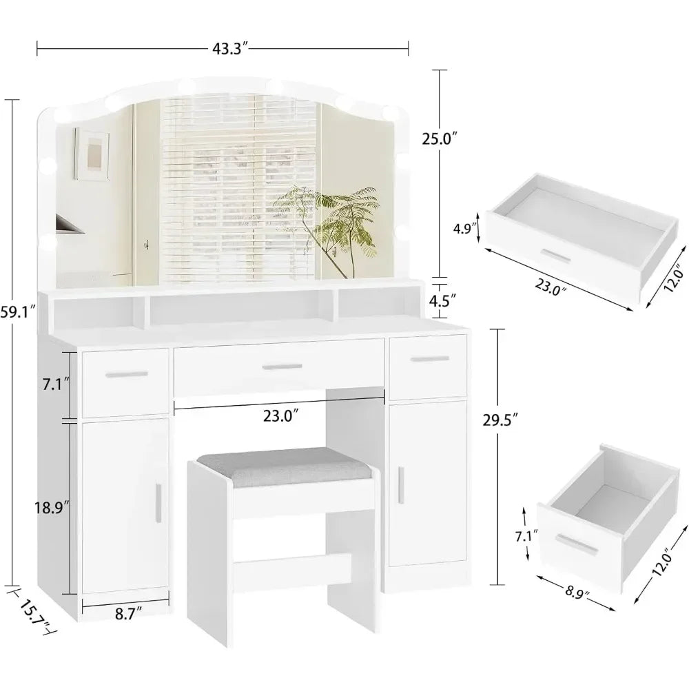 Makeup Table Makeup Vanity With Lights Make Up Table 2 Cabinets & Long Storage Shelf Furniture Bathroom 10 Led Lights White Desk